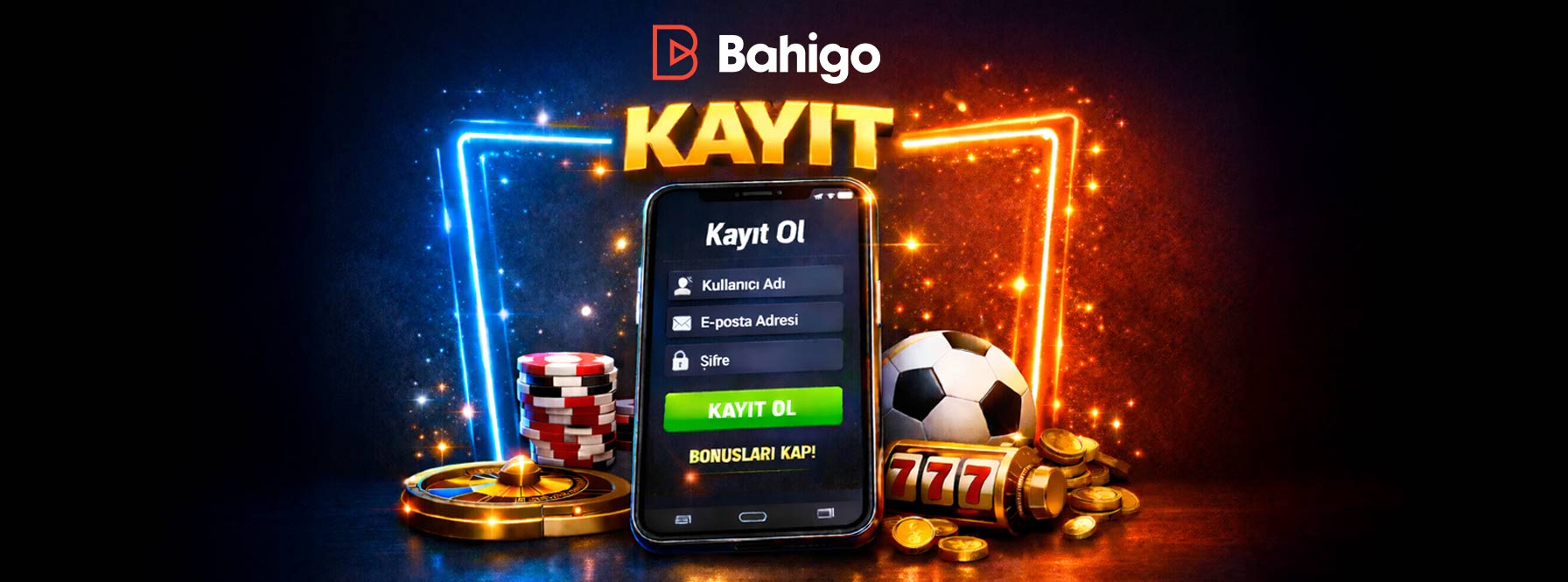 Bahigo kayıt ol ekranı, mobil üyelik formu ve casino ikonları